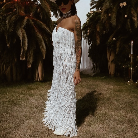 Western Sequin Fringe Maxi Dress, Country Bride Elopement Dress, Boho Wedding - Picture 3 of 10